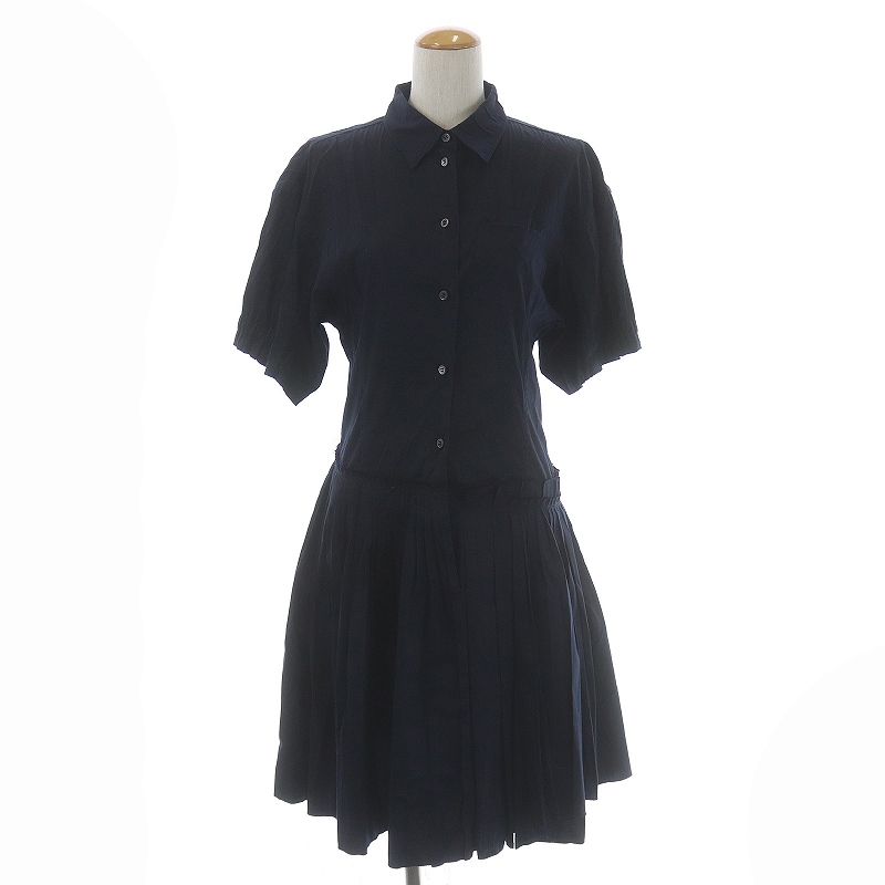 プラダ PRADA シャツワンピース プリーツ ひざ丈 五分袖 38 S 紺  