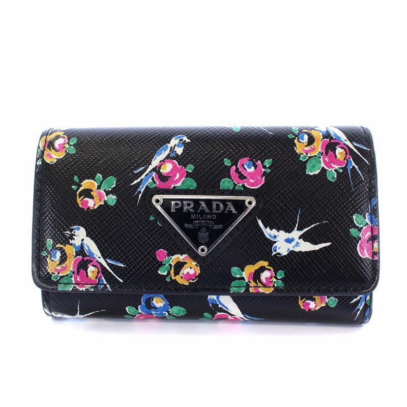 プラダ PRADA 花柄 キーケース 4連 キーリング付き サフィアーノレザー 