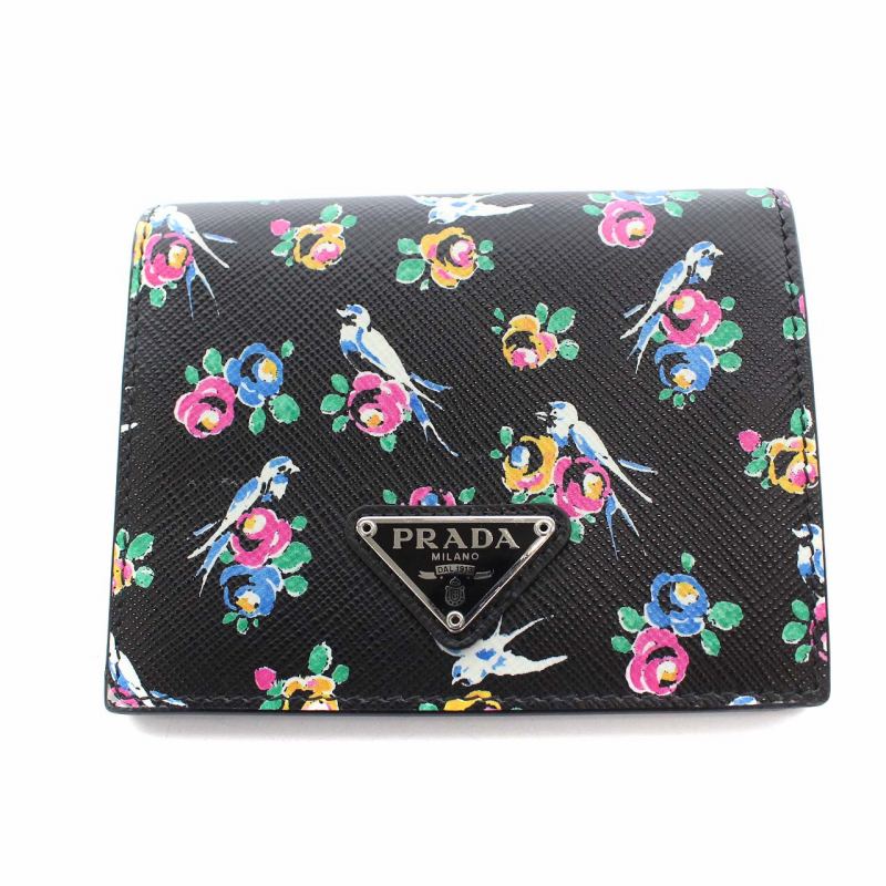 プラダ PRADA 財布 二つ折り 小銭入れ サフィアーノレザー 花柄 ツバメ  