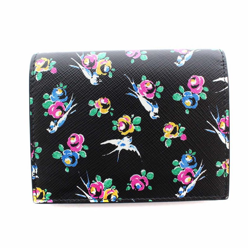 プラダ PRADA 財布 二つ折り 小銭入れ サフィアーノレザー 花柄 ツバメ  