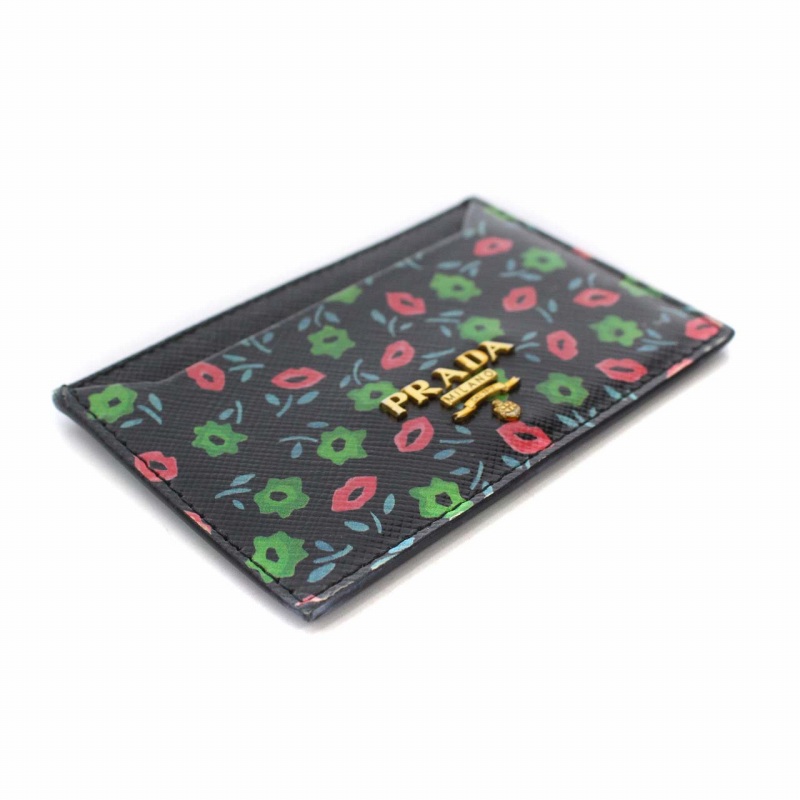 PRADA 花柄　レザー名刺入れ プラダ花/ハート柄 カードケース 黒 レディース カーフ 名刺入れ