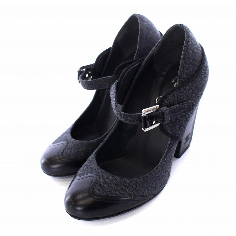 シャネル CHANEL 08A2 ウール×レザー ココマーク パンプス ハイヒール 