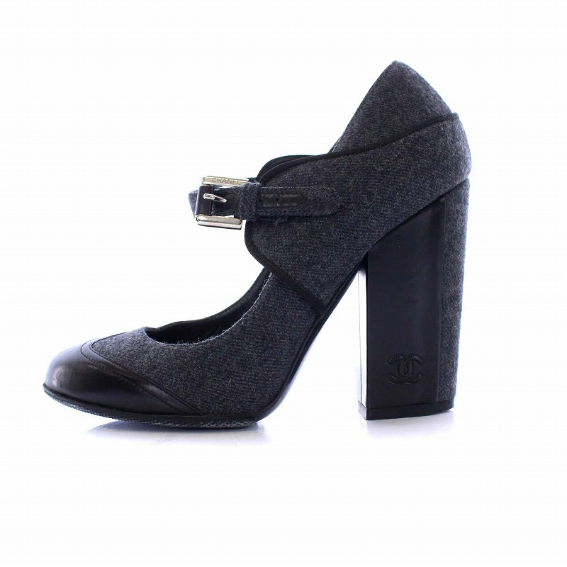 シャネル CHANEL 08A2 ウール×レザー ココマーク パンプス ハイヒール 