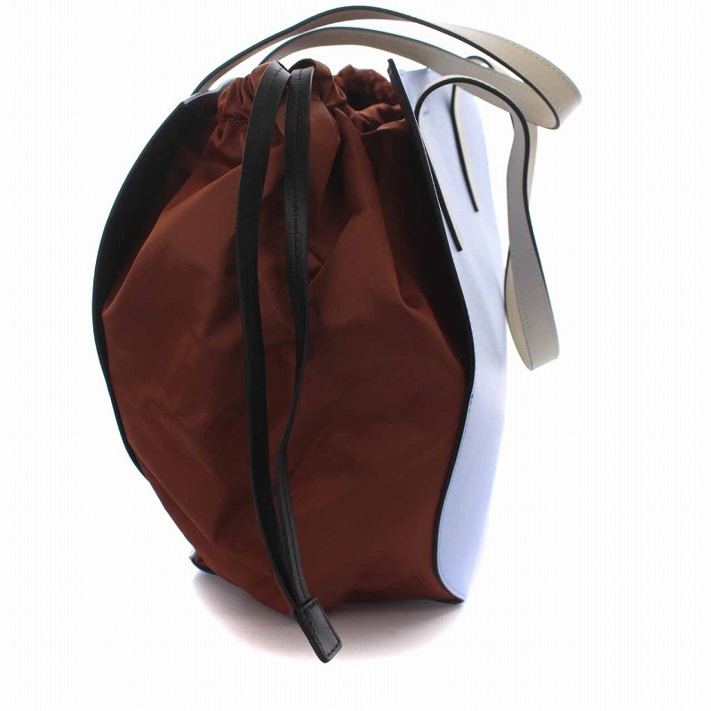 マルニ MARNI 19AW ガセット GUSSET レザー&シェルトートバッグ 水色 ライトブルー 茶 ブラウン SHMP0023Q0 /YM レディース