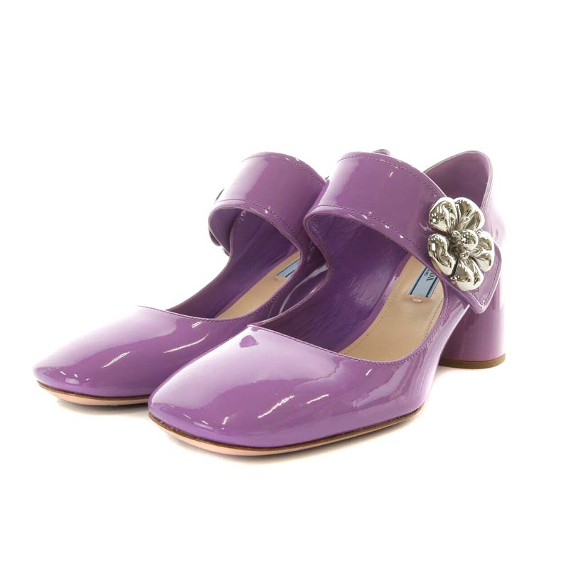 プラダ PRADA パンプス チャンキーヒール フラワー エナメル 37 24.0cm 