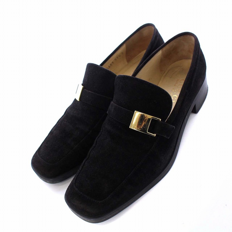 グッチ GUCCI スクエアトゥローファー スエード チャンキーヒール 