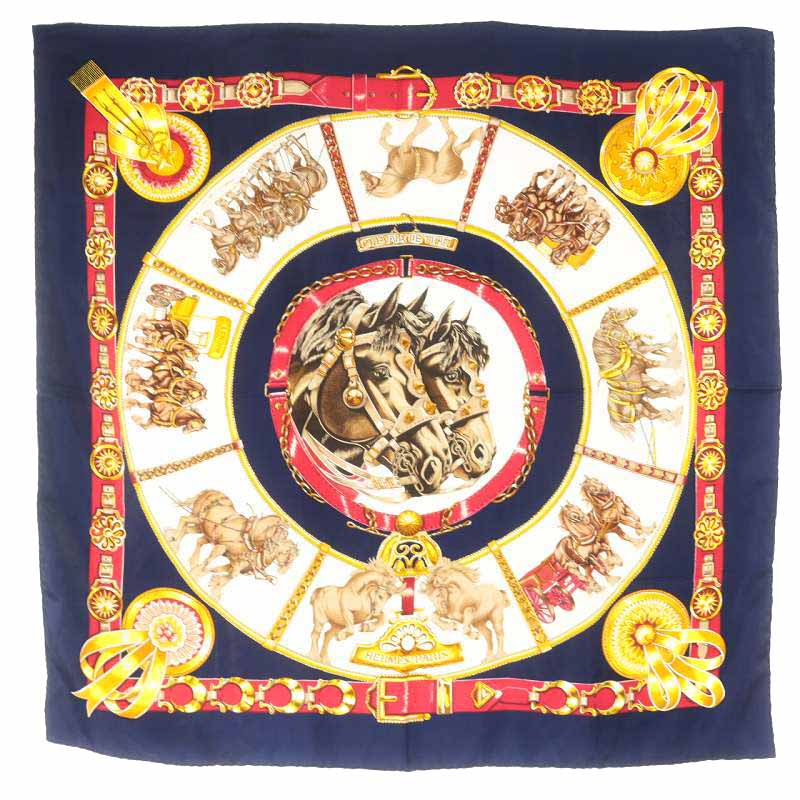 エルメス HERMES カレ90 CHEVAUX DE TRAIT 輓馬 スカーフ シルク 総柄  