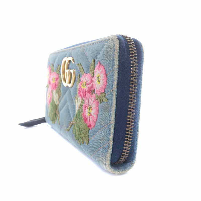 グッチ GUCCI 長財布 ラウンドファスナー デニム GGマーモント 花柄 