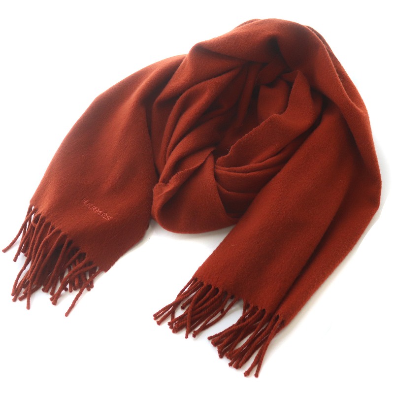 エルメス HERMES マフラー ストール 大判 フリンジ ロゴ カシミヤ 赤  