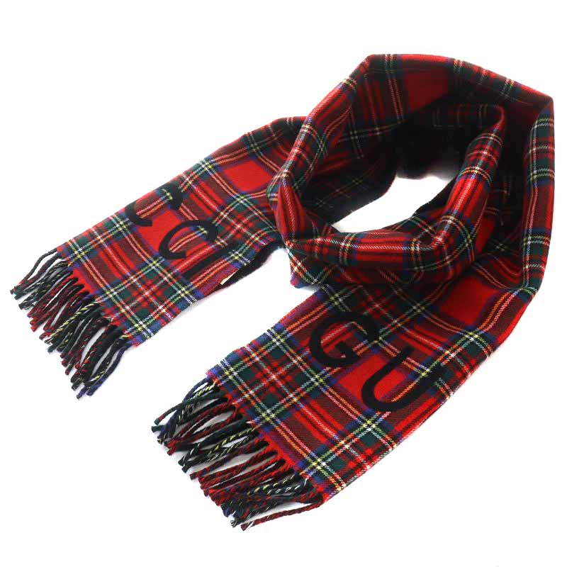 グッチ GUCCI 19AW マフラー ウール カシミヤ混 フリンジ タータン  