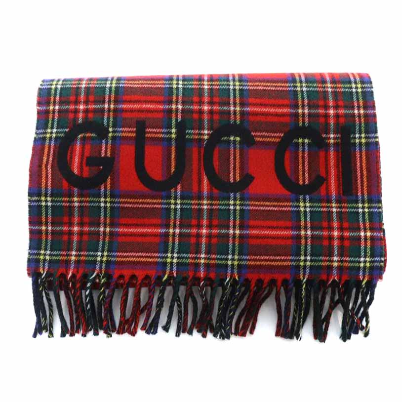 グッチ GUCCI 19AW マフラー ウール カシミヤ混 フリンジ タータン 