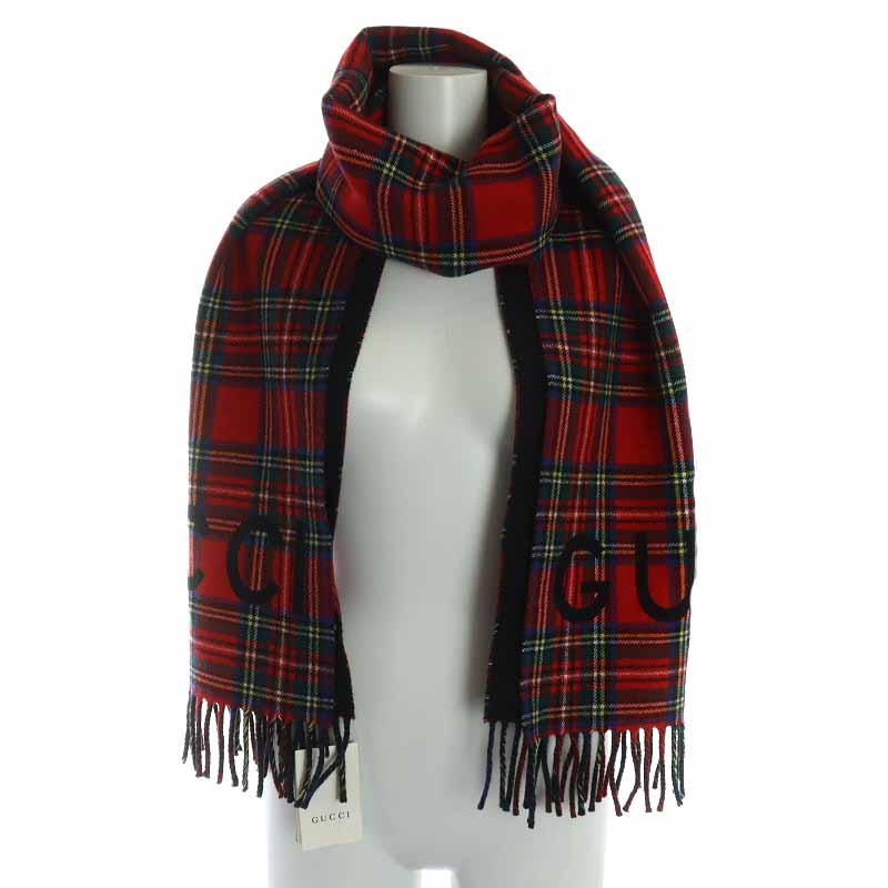 グッチ GUCCI 19AW マフラー ウール カシミヤ混 フリンジ タータン 