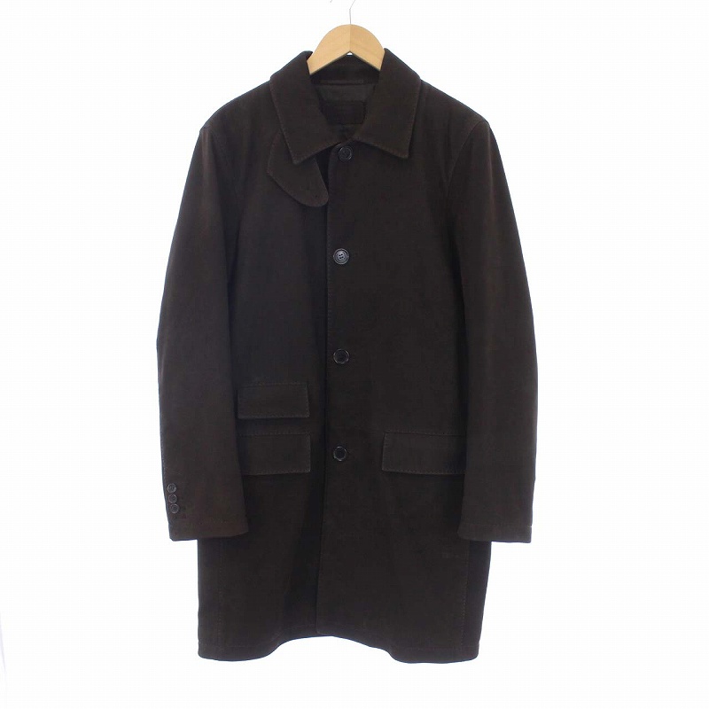 プラダ PRADA レザー ステンカラーコート アウター ロング 46 S 茶 