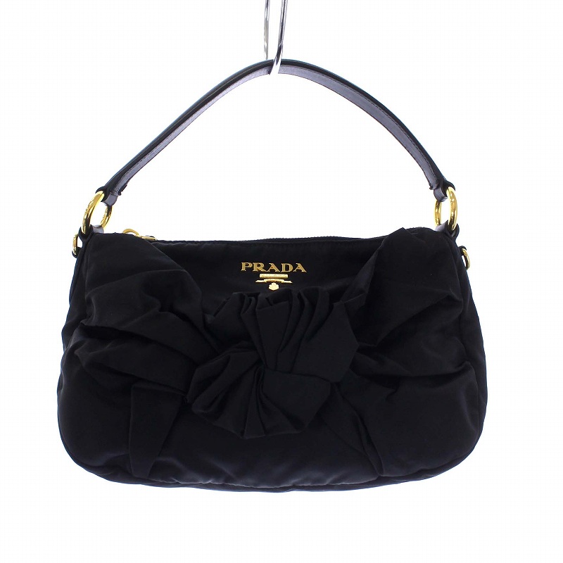 プラダ PRADA ハンドバッグ リボン ゴールド金具 ナイロン 黒 ブラック  