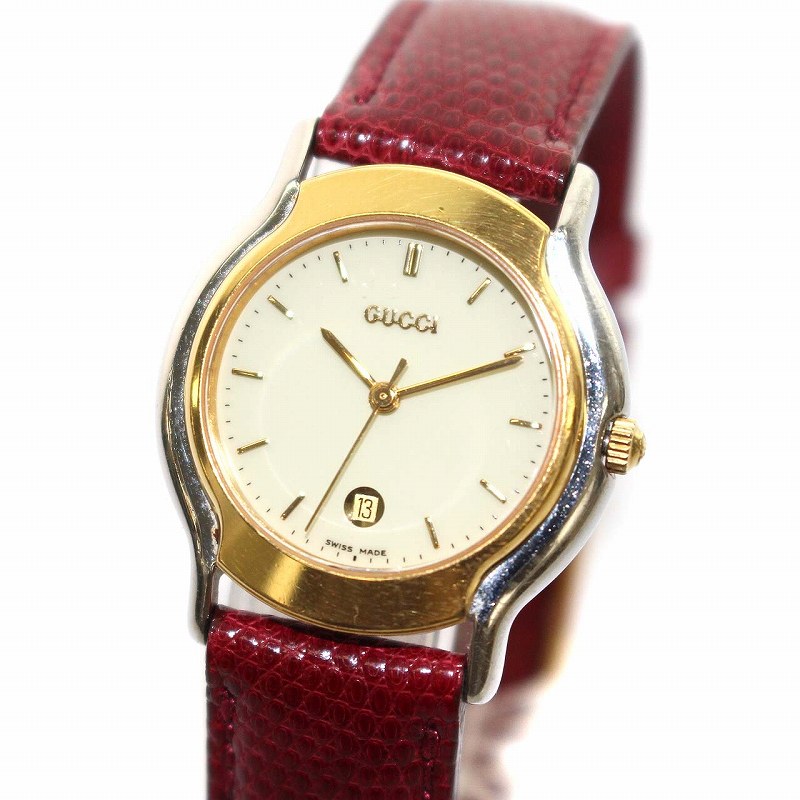 グッチ GUCCI 腕時計 8000L クオーツ デイト レザーベルト シルバー 