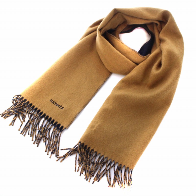 エルメス HERMES マフラー ストール バイカラー ロゴ カシミヤ 茶  
