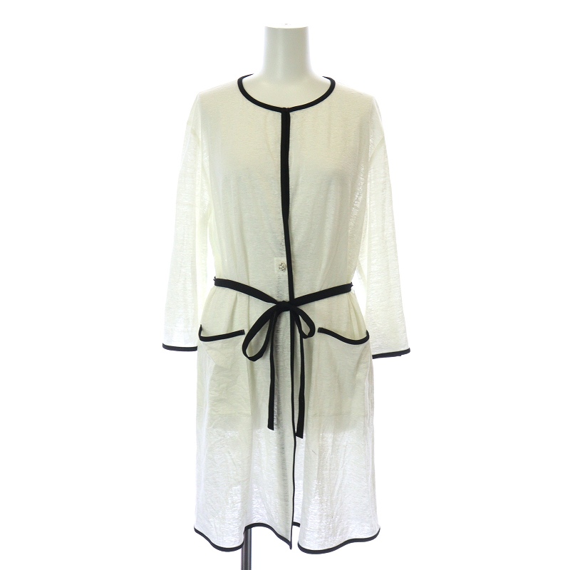 オースチン リード Austin Reed カーディガン ロング 麻 リネン 七分袖 シアー シースルー ベルトリボン ビジューボタン 38 L 白 ホワイト Nw10 レディース 081 ベクトルパーク