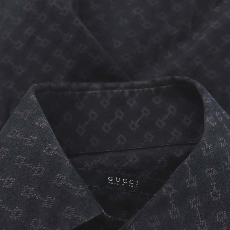 グッチ GUCCI シャツ 長袖 総柄 コットン 38/15 M ダークグレー /AN21 