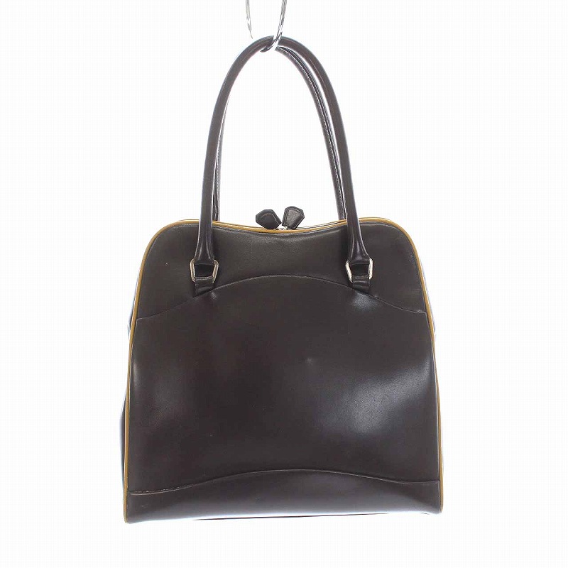 プラダ PRADA がま口 パイピングレザー ハンドバッグ 三角プレート 茶 