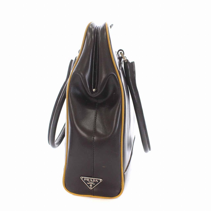 プラダ PRADA がま口 パイピングレザー ハンドバッグ 三角プレート 茶 