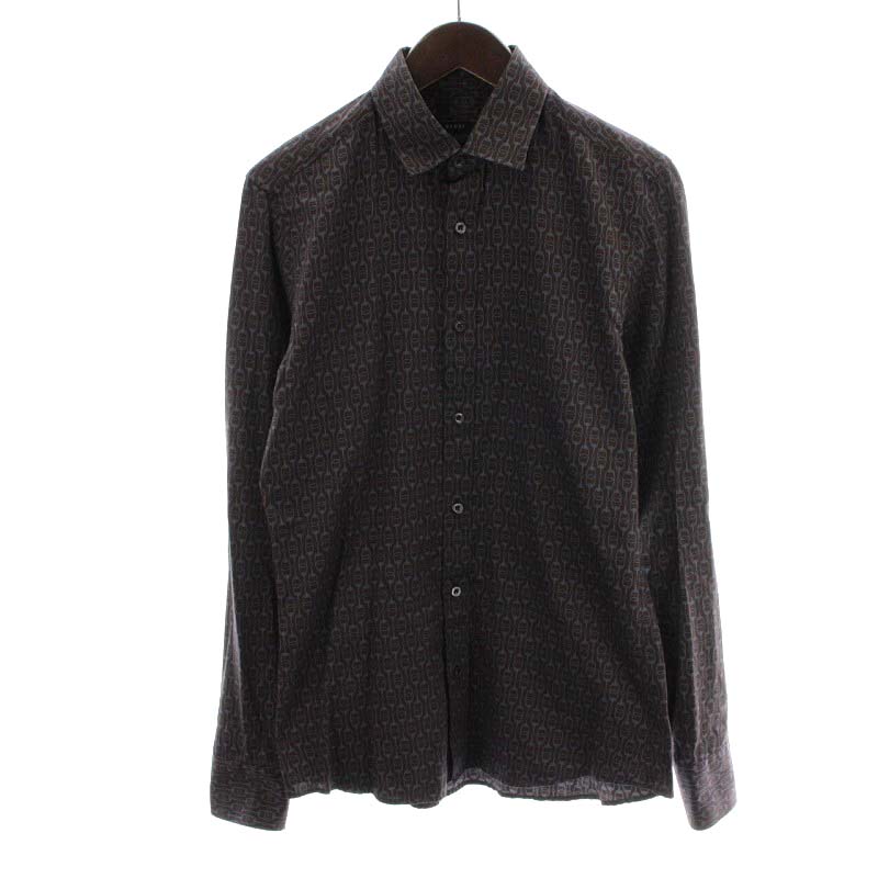 グッチ GUCCI シャツ 長袖 総柄 コットン 38/15 M グレー 茶 ブラウン 