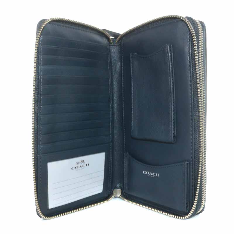 美品✨️コーチ　財布 オーガナイザー　レザー　ブラック　オプアート コーチ COACH ダブル ジップ トラベル オーガナイザー オプアート 長