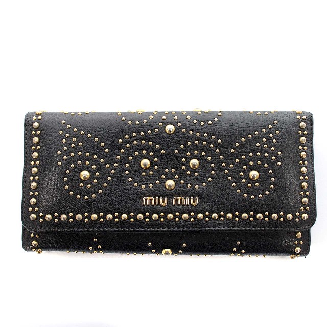 ミュウミュウ miumiu 長財布 スタッズ 二つ折り レザー 黒 ブラック 