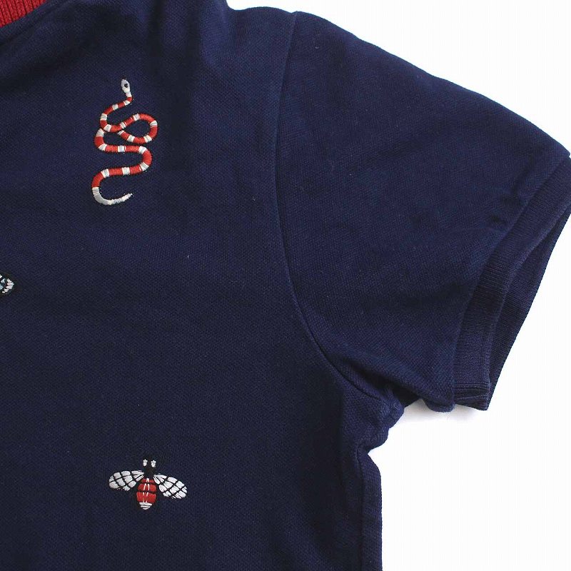 グッチ GUCCI ポロシャツ 刺繍 半袖 12サイズ 紺 ネイビー 赤 レッド  