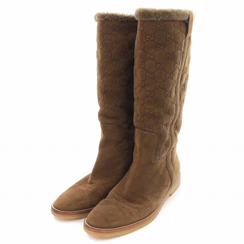 グッチ GUCCI ロングムートンブーツ スエード GG柄 US8B 25cm 茶  
