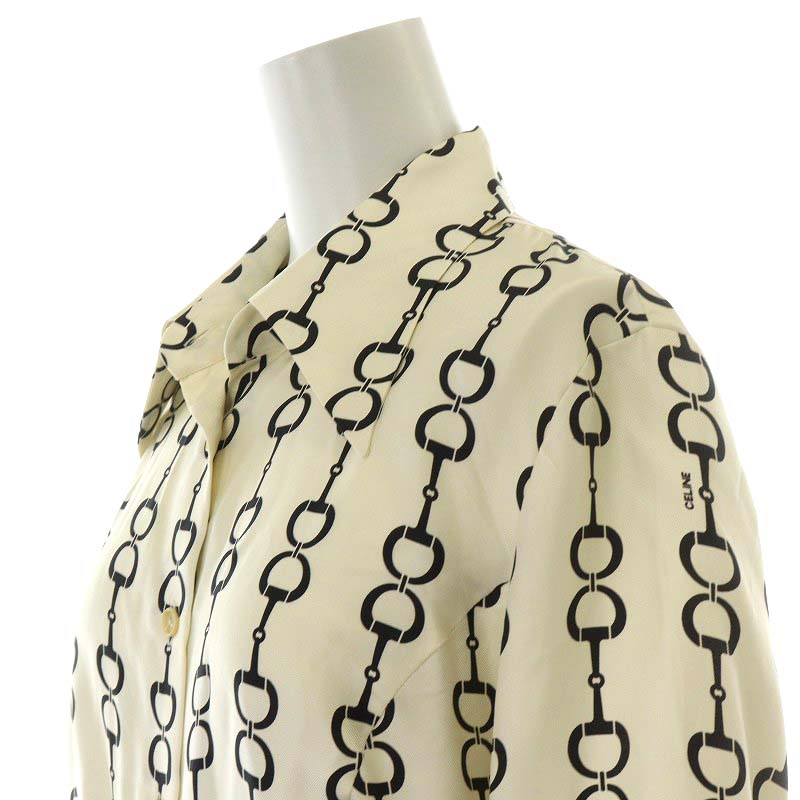 セリーヌ CELINE ヴィンテージ VINTAGE 美品 総柄 長袖 シャツ ブラウス シルク100% フランス製 46 約XXL 大きいサイズ カーキ レディース CELINE - 極美品 Vintage セリーヌ CELINE シャツ ブラウス