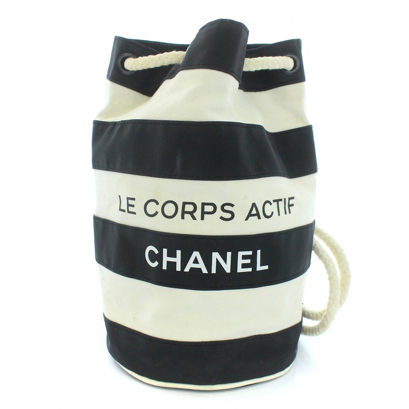 シャネル CHANEL ノベルティ 巾着 ショルダーバッグ ボーダー 黒 