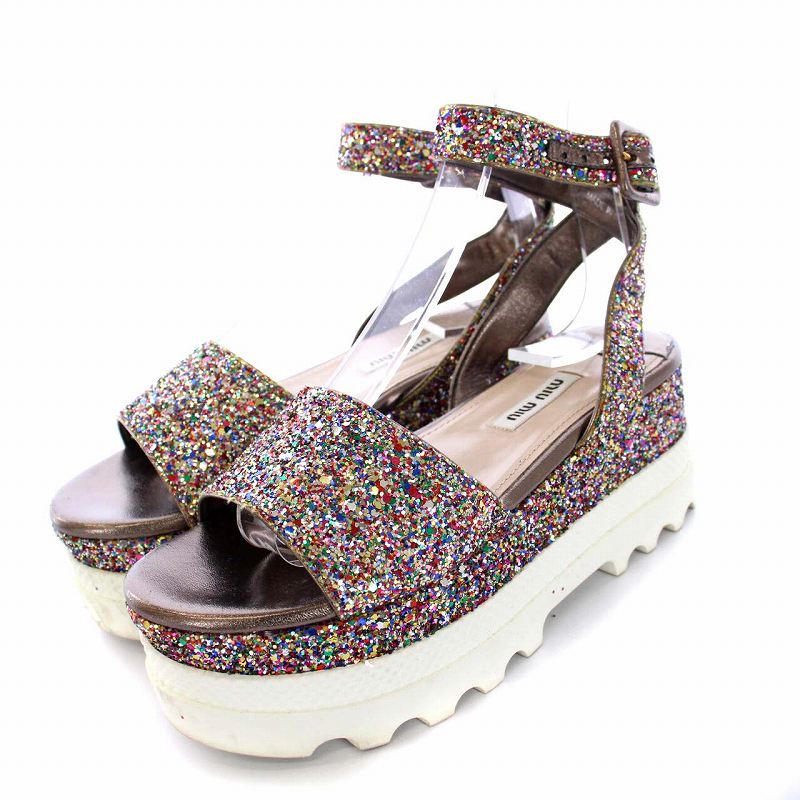 miu miu ミュウミュウサンダル シルバー したためる グリッター 厚底  