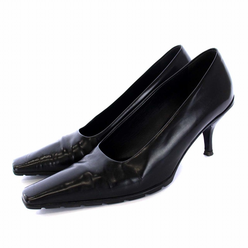 プラダ PRADA パンプス スクエアトゥ ピンヒール レザー 38 25cm 黒 