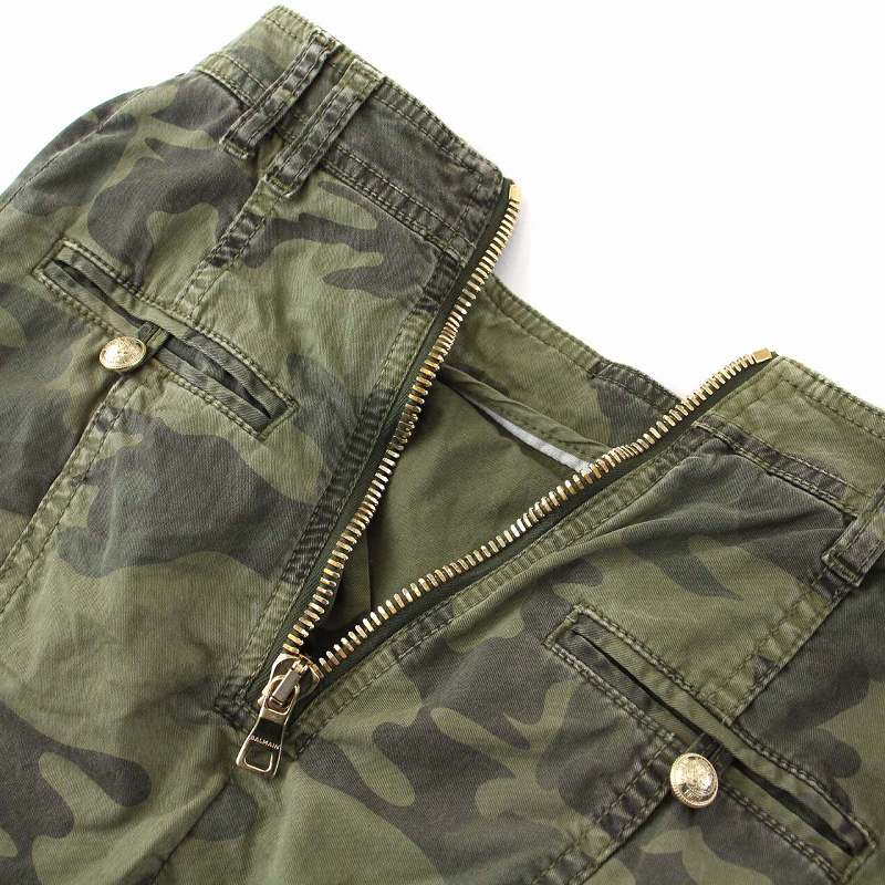 バルマン BALMAIN ミリタリー タイトスカート ひざ丈 迷彩 カモフラ 金  