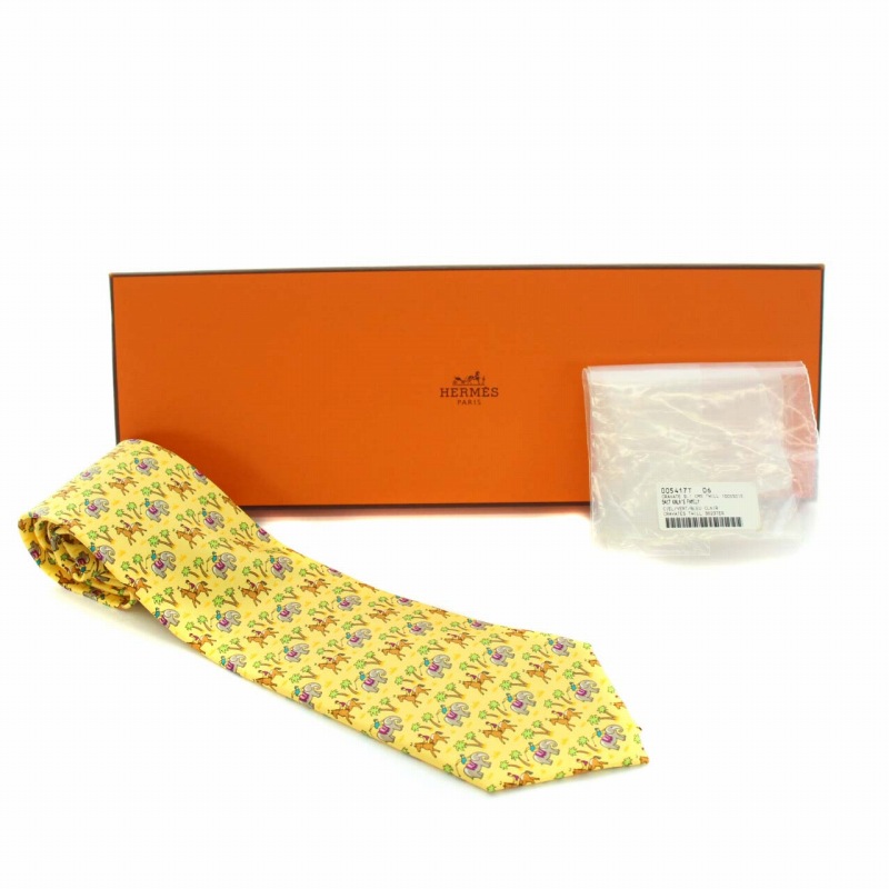 エルメス HERMES ネクタイ レギュラータイ 総柄 象 馬 ヤシの木 絹 