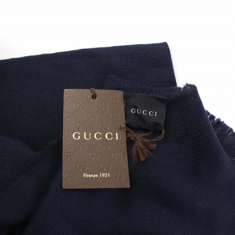 未使用品 グッチ GUCCI GG総柄 ストール マフラー ウール100％ 紺 