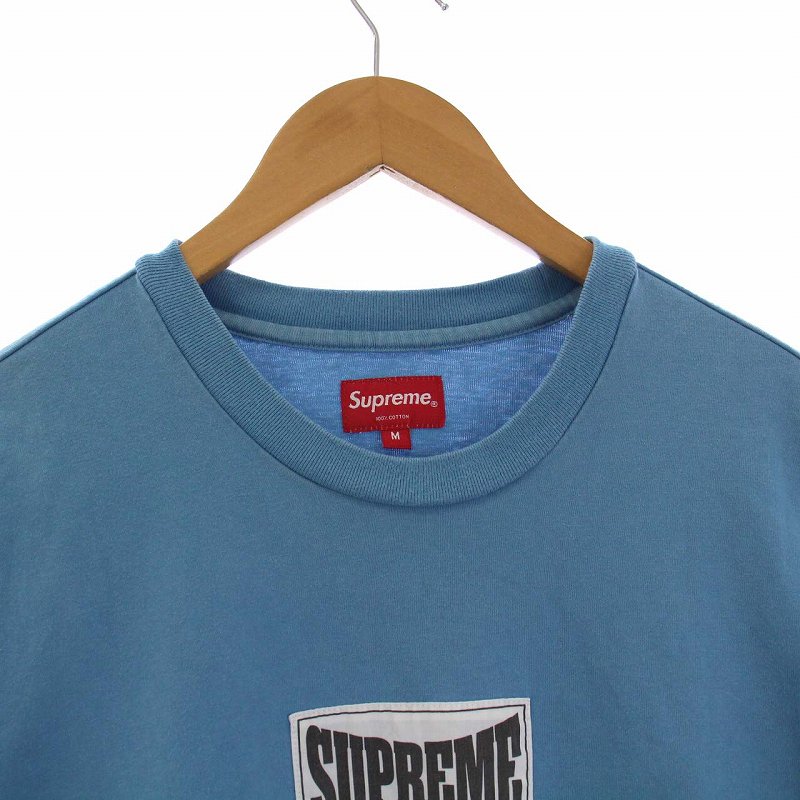 Supremeロゴ入り青色長袖カットソー M Supreme☆定番☆ネックロゴ コットン 長袖 Tシャツ ロンT