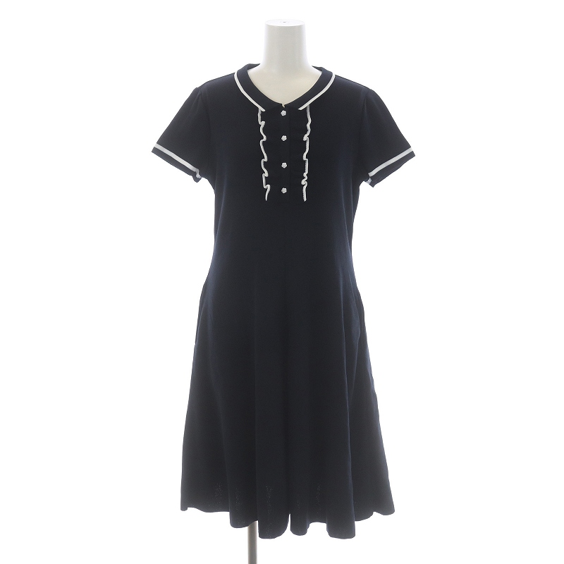 ルネ Rene 20年製 フレアワンピース ひざ丈 ニット 半袖 襟 カメリア  