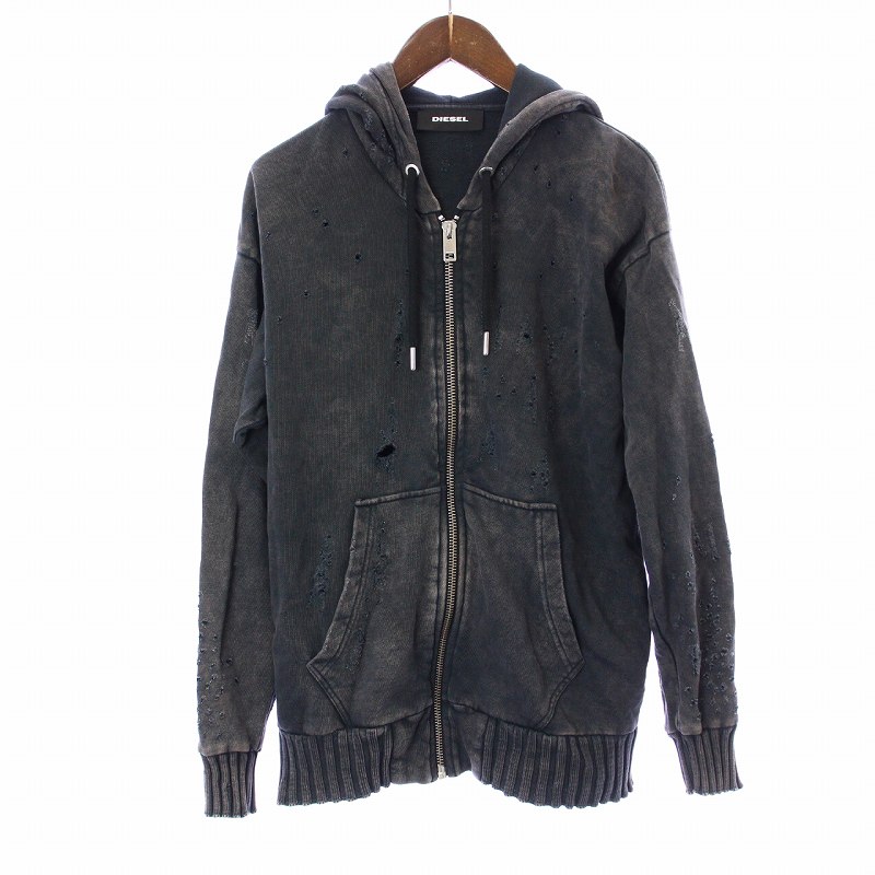 ディーゼル DIESEL ジップアップパーカー ダメージ加工 XS 黒 ブラック  