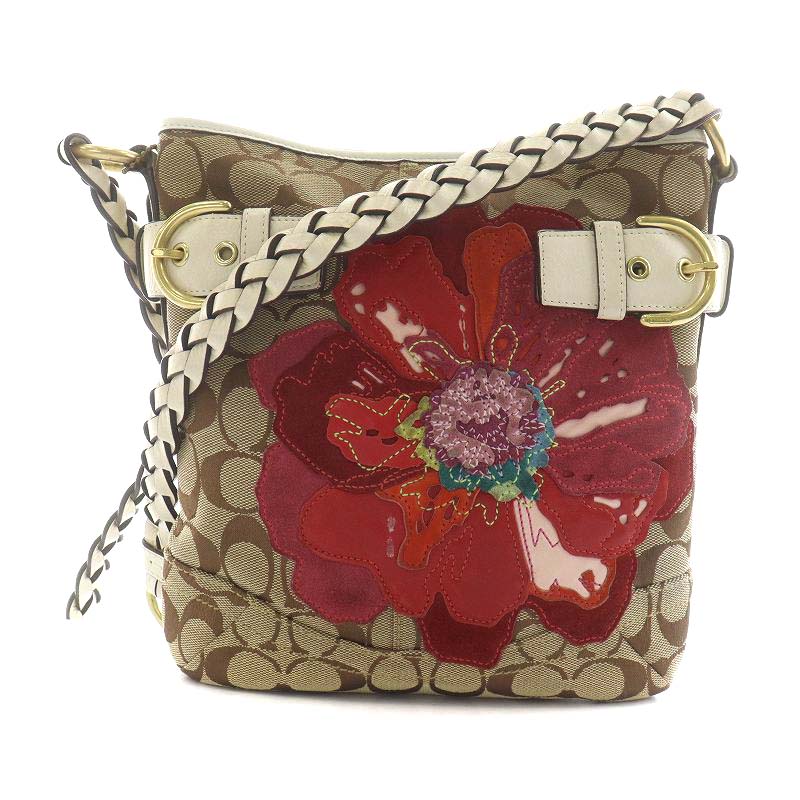 コーチ COACH シグネチャー ショルダーバッグ 花柄 キャンバス レザー 