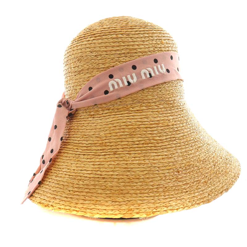 ミュウミュウ miumiu 麦わら帽子 ハット 帽子 ドット柄 リボン ロゴ