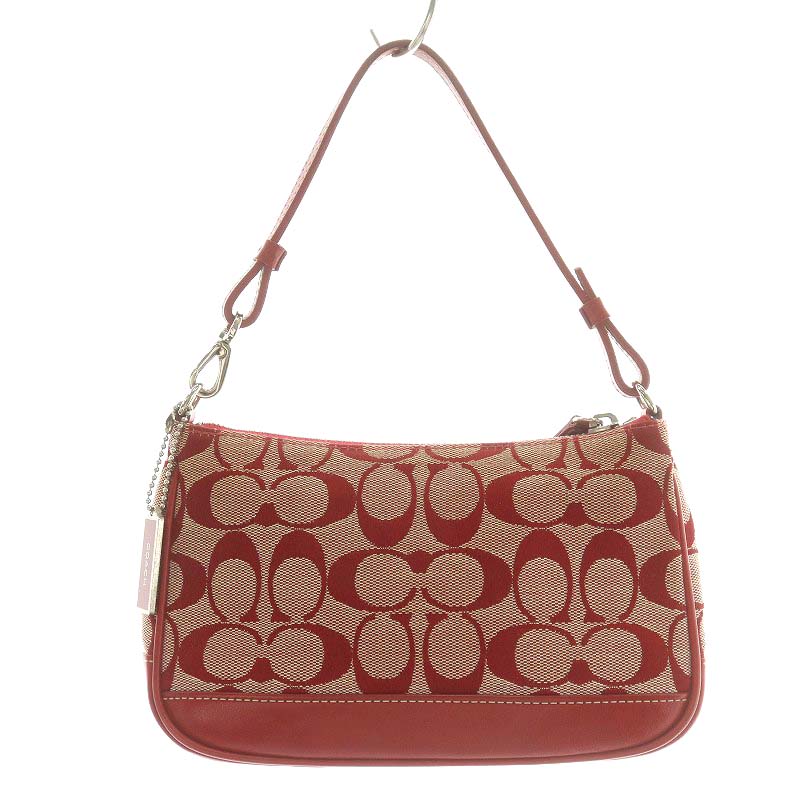 コーチ COACH シグネチャー ハンドバッグ レザー キャンバス 赤 レッド 