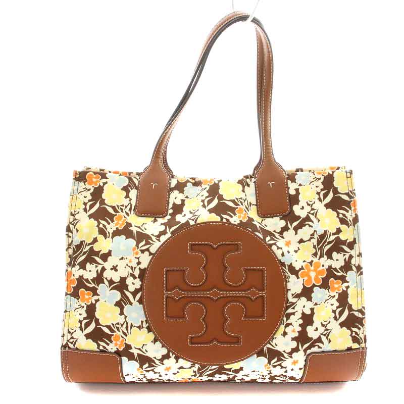 トリーバーチ TORY BURCH トートバッグ 花柄 総柄 ナイロン レザー 茶 