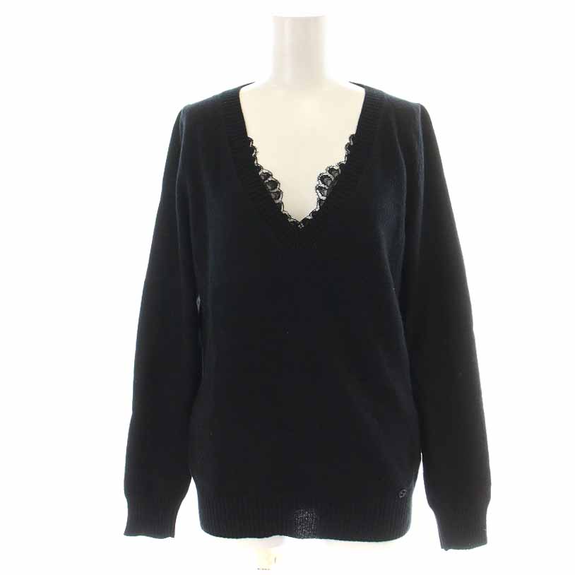 グッチ GUCCI ニット セーター Vネック カシミヤ レース切替 長袖 M 黒