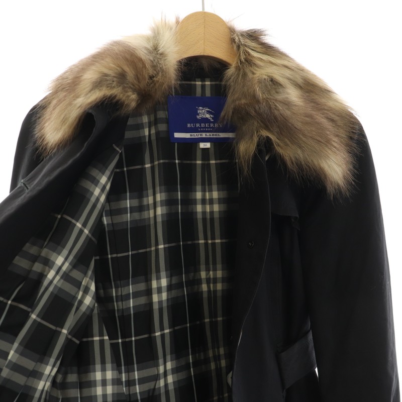 良品　バーバリー ブルーレーベル トレンチコート 38 黒　リアル　毛皮　ファー バーバリーブルーレーベル BURBERRY BLUE LABEL トレンチコート