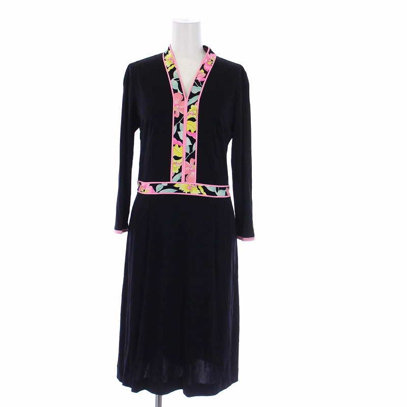 レオナール LEONARD FASHION ロングワンピース 七分袖 Vネック 花柄  