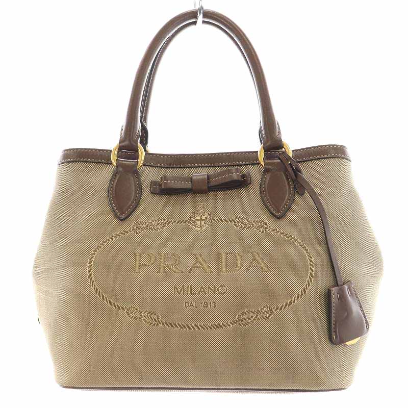 プラダ PRADA ハンドバッグ キャンバス レザー ロゴ ジャガード リボン 