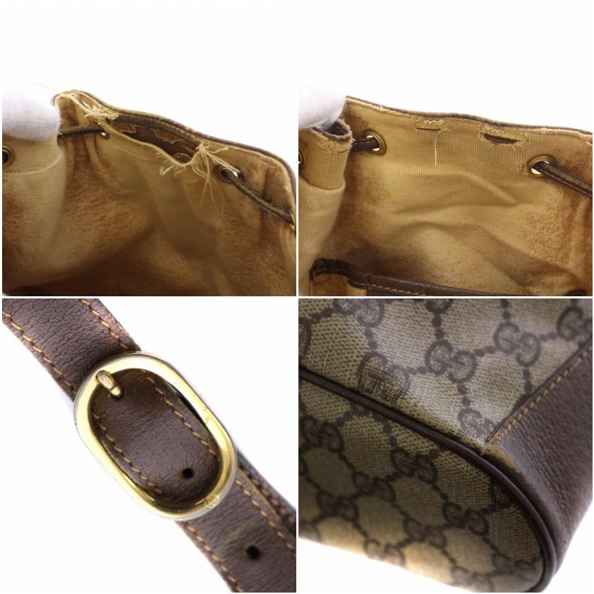 【ヴィンテージ】オールドグッチ 巾着ショルダーバッグ　GG ロゴ レザー PVC GUCCI グッチ ロゴ型押し バンブー ナイロン×エナメルレザー