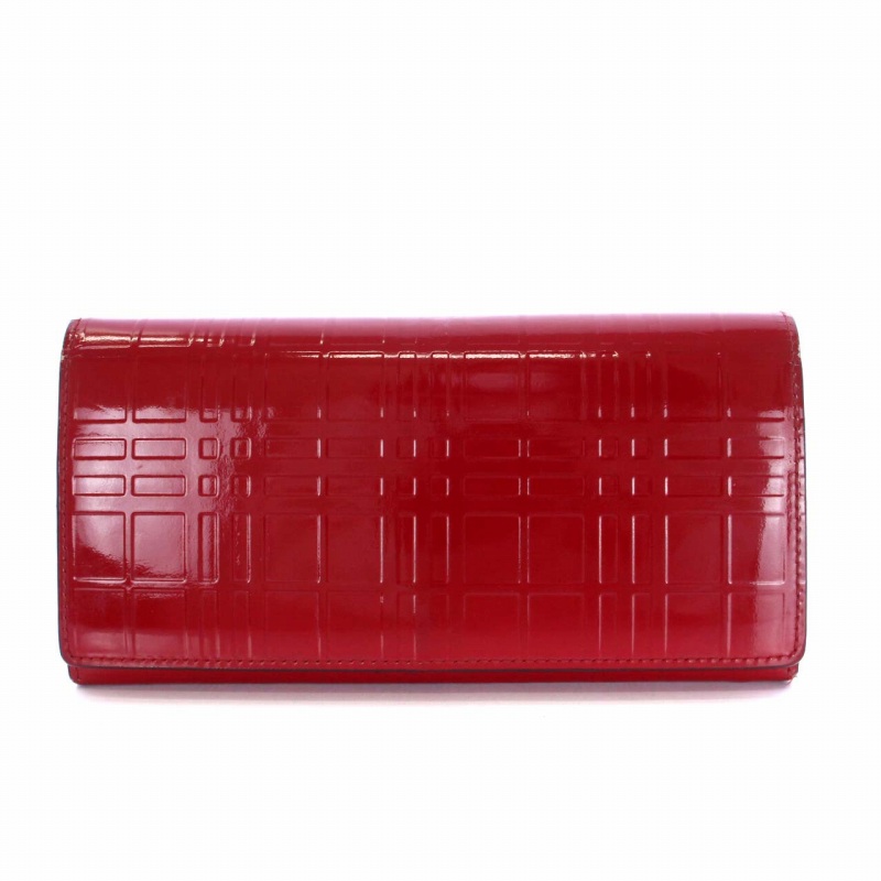 バーバリー BURBERRY 長財布 二つ折り エナメル 総柄 赤 レッド /KH
