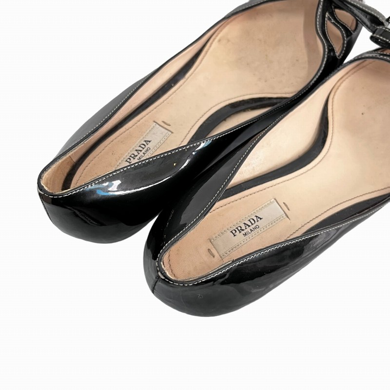 プラダ PRADA エナメル リボン パンプス 37 24cm ブラック 黒 